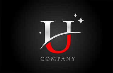 U alphabet letter logo for company and corporate in black red and white colors. Creative design with stars. Can be used for branding or logotype