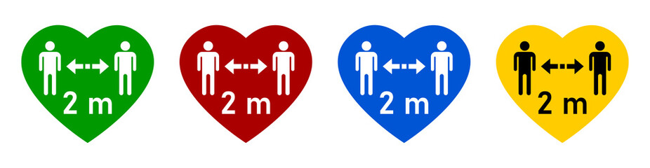 Set of Colorful Social Distancing Keep Your Distance 2 m or 2 Metres Warning Heart Sign Icon in Green, Red, Blue and Yellow. Vector Image.