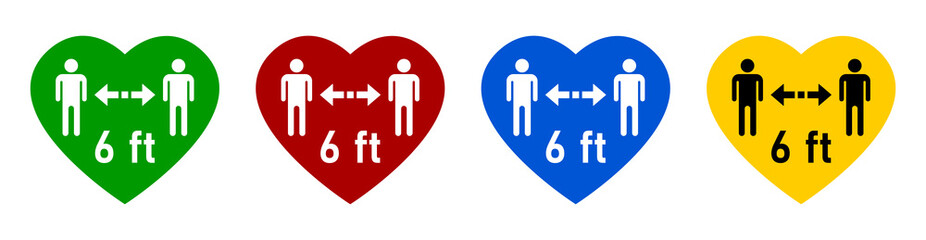 Set of Colorful Social Distancing Keep Your Distance 6 ft or 6 Feet Warning Heart Sign Icon in Green, Red, Blue and Yellow. Vector Image.