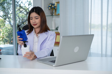 Young doctor watching to new product demos online. Product developer Listen to product...