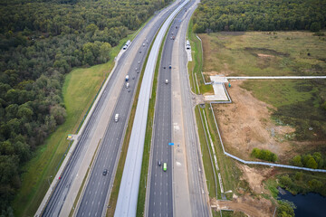 Highway in the countryside. High angle aerial view