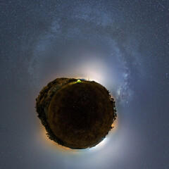 little planet panorama of croatian landscape with tent and milky way at night