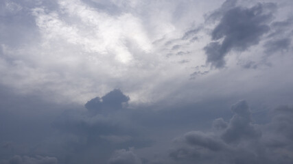 dramatic cloudy day, dark cumulus clouds oversea, sunlight shines through clouds in moody day, b-roll timelapse nature cloudscape background screen. tropical hot weather in summer season. 
