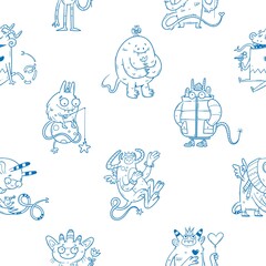 Seamless pattern with cute cartoon monsters on white background. Fabulous wallpapers with creatures. Funny animal print. Line art doodle poster.