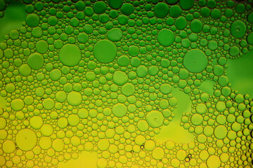 Green and Yellow Oil and Water Abstract Photo. Different sized circles of orange purple and green. Beautiful abstract background wallpaper.