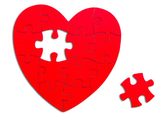 Red Heart. Puzzle heart shape with missing one piece. Medicine Concept or Valentines day. Love symbol on White isolated background.