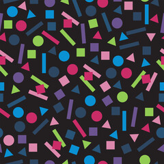 Geometric shapes in light colors on black background, seamless pattern, vector