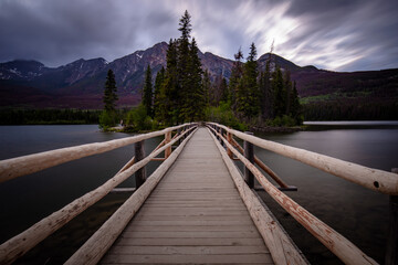 Fototapeta na wymiar Bridge at Jasper National Park, Pyramid Lake, Alberta, Canada