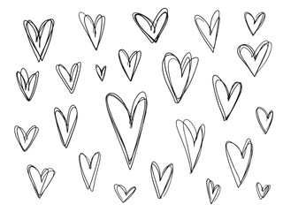 Collection of messy outline grunge textured black hearts frames for Valentines day greeting cards and banners design. Lovely stroking heart illustrations for romantic decoration