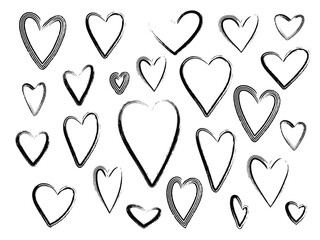 Collection of outline grunge brushes black textured hearts frames for Valentines day greeting cards and banners design. Lovely scratchy heart illustration for romantic decoration