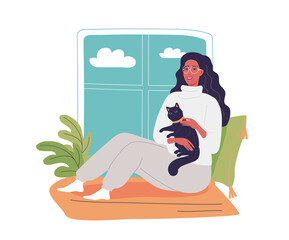 A cute young woman with black cat