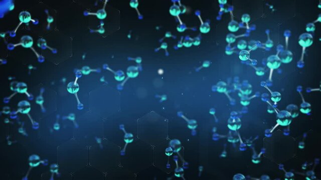 Molecule of water, atom in a liquid, science, biology or medical background, 3D render animation 4K