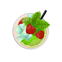 Mojito cocktail with lime, mint, strawberry and ice top view. Cold alcoholic or non-alcoholic long drink. Vector illustration on white background