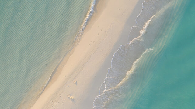 Aerial view of a sandbank at golden hour, Vashafaru, Haa Alif Atoll, Maldives.