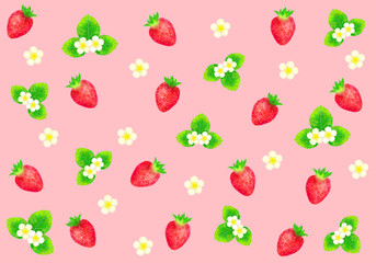 水彩のイチゴと花の背景素材