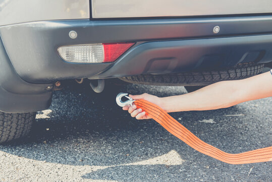 Hand Put Towing Car with Towing Rope Stock Photo - Image of
