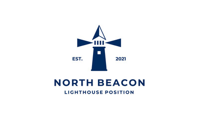 Obraz premium north compass arrow up with beacon lighthouse tower logo design template