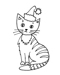 Obraz premium Tabby cat in a christmas cap, graphic black and white drawing on a white background
