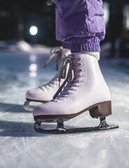 Close up view of new white ice skates boots on rink in motion, girl ice skating on arena, concept...