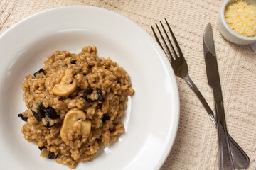 Plate with Funghi and Champignon Risotto, grated cheese with fork and knife on the side