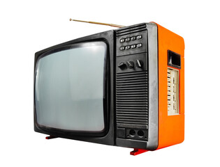 Obraz premium Isolated old-fashioned black and orange tv set on white background.