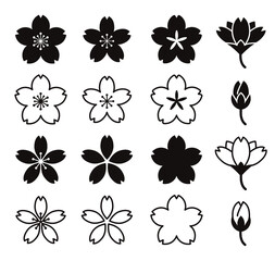 桜の花のシンプル白黒アイコンセット/白背景