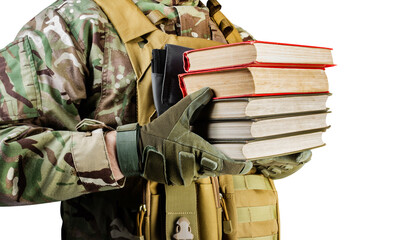 Isolated photo of a soldier in uniform holding stack of books on white background, side view.