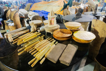 Wood made kichen utensils, wooden kichen appliances , displayed for sale during Handicrafts fair at Kolkata, West Bengal, India.