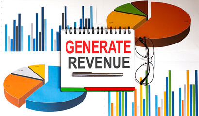 Obraz premium Notepad with text GENERATE REVENUE on the business charts and pen and charts