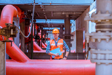 Engineer under checking the industry cooling tower air conditioner is water condenser cooling tower...