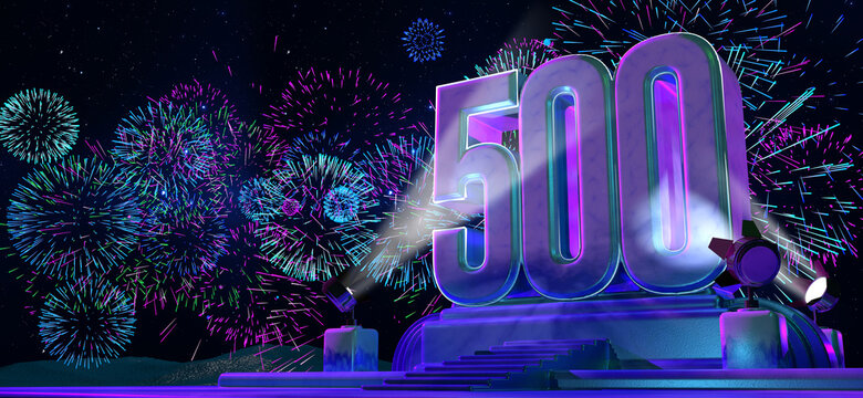 Number 500 in solid and thick form on a pedestal illuminated by 4 reflectors at night with fireworks of blue, magenta, cyan and purple color on starry night. 3d illustration