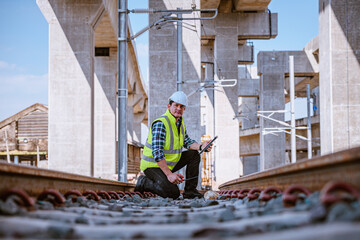 Portrait engineer under inspection and checking construction process railway and checking work on...
