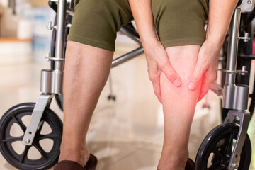 Senior woman suffering from calf muscle tear,Elderly women hands massage leg