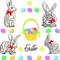 A set of Easter bunnies and a basket of colored eggs