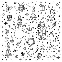Christmas doodle set black line: Santa Claus, snowman, fir-tree, wreath, holly, poinsettia, mistletoe, sock, mitten, bag, candy, cookie, mug with a drink, snowflake. Isolated white background.