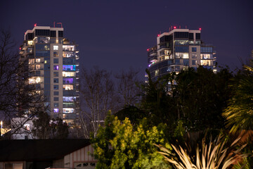 Night time view of the skyline of downtown Santa Ana, California, USA.