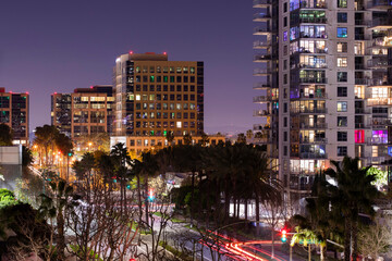 Fototapeta na wymiar Night time view of the skyline of downtown Santa Ana, California, USA.