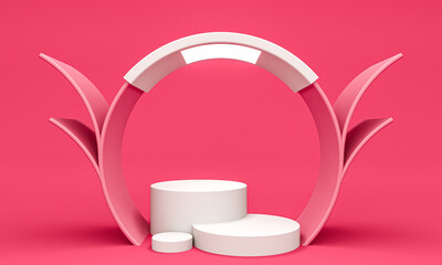 Display background for cosmetic product presentation, cylinder podiums in pink background
