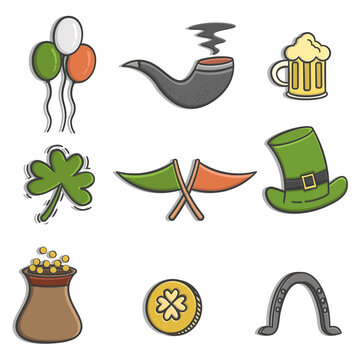 Hand drawn balloon, clover, beer mug, tobacco, horseshoe, two flags, hat, sketch of a gold coin pot for St. Petersburg Patrick. Irish festival decorations. hand drawn Saint Patrick's Day