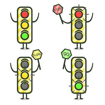 traffic light mascot illustration holding a traffic sign. vector bundle