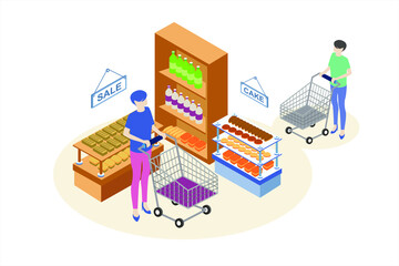 Isometric women shopping at the supermarket with a cart of goods