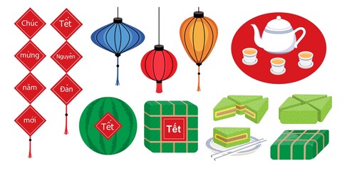 illustration vector of paper lantern light with red label Vietnamese language mean happy new year, lunar new year for frame decoration , traditional sticky rice cake and watermelon at Vietnam holiday.