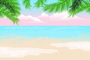 Fototapeta na wymiar Sea beach with coconut tree leaves background illustration