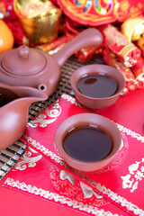 Festive Chinese New Year scenes and casual tea drinks