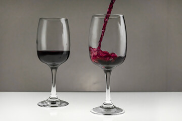 Red wine is poured from a bottle into a glass on a blurred background, close-up.