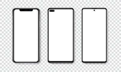 High quality realistic trendy smartphone with blank white screen. Phone mockup for visual UI UX app demonstration. Vector mobile set device concept
