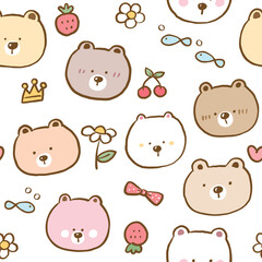 Seamless Pattern with  Cartoon Bear Face Illustration Design on White Background