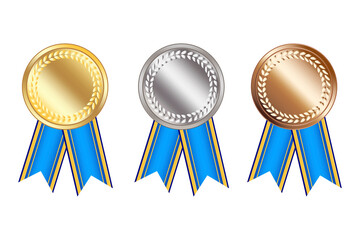 Blank medals for celebration design. Gold, silver and bronze medals with blue ribbons. Stock image. EPS 10.