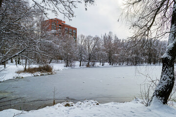 Red brick high-rise house on the outskirts of the city.