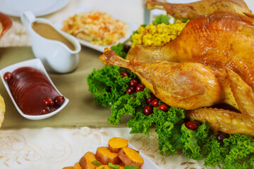 Turkey, decorated with kale and cranberry for Thanksgiving or Christmas dinner.